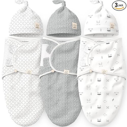 KeaBabies 3-Pack Swaddles for Newborns, Girls, Boys with Hats - Organic Soft Baby Sleep Sacks, Breathable Baby Swaddle 3-6 Months Beanies Set, Premie Infant Sleep Sack 0-3 Months (Nordic)
