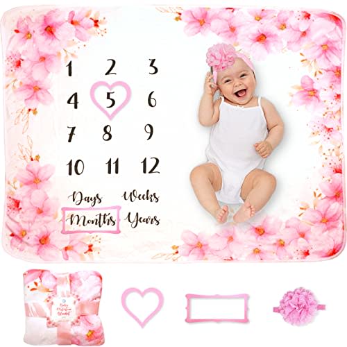 Evovee Baby Monthly Milestone Blanket Girl Flowers Floral Baby Month Blanket Age Photo Blanket, Photography Backdrop Newborn Girls Props, Marker and Headband New Moms Cherry Blossoms