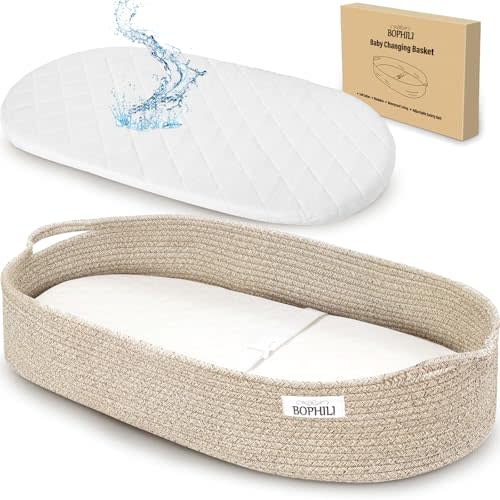 BOPHILI Baby Changing Basket w/Foldable Baby Changing Pad and Waterpoof Cover, Premium Handmade Cotton Rope Reinforced Moses Baskets Changing Table Topper, Built-in Security Strap (Warm Brown)