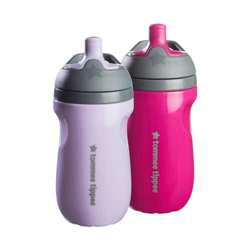 Tommee Tippee Insulated Sportee Bottle, for 12m+, 9oz, Pack of 2 Non-Spill Toddler Water Bottles, Lilac and Plum, with Two-Piece Valve to Help Stop Spills, Bite-Resistant Spout and Easy-Hold Handle