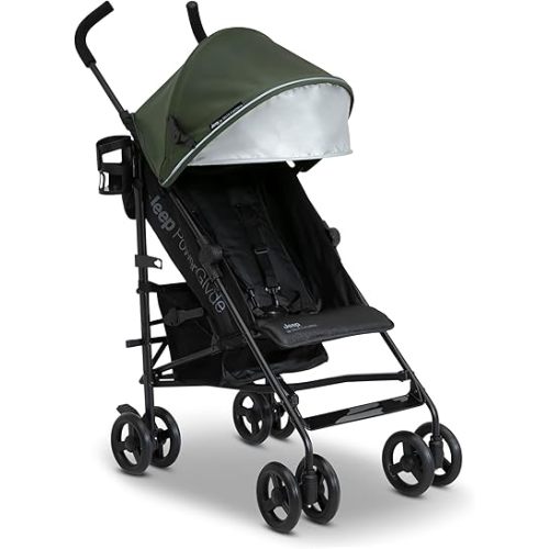 Jeep PowerGlyde Stroller by Delta Children Lightweight Travel Stroller with Smoothest Ride & Compact Fold, 3-Position Recline, Extra Large Storage Basket, Olive Green