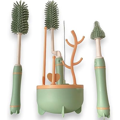 Silicone Baby Bottle Brush Set with Stand, 360° Rotating Silicone Bottle Cleaning Brush Cleaner Set of 4, Multipurpose Silicone Baby Bottle Straw Cleaner Brush (Green)