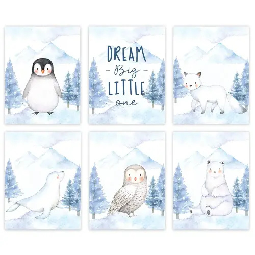 Andaz Press Nursery Kids Room Winter Wonderland Arctic Animals Unframed Wall Art Poster Home Decor Gift, 8.5x11-inch, Dream Big Little One, You Are So Loved, Penguin, Owl, 6-Pack, No Frames