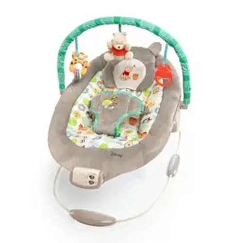 Bright Starts Disney Baby Winnie The Pooh Baby Bouncer Soothing Vibrations Deluxe Infant Seat - Faux Suede, Music, Removable -Toy Bar, 0-6 Months 6-20 lbs (Dots & Hunny Pots)