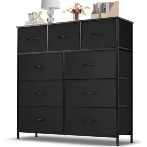 9 Drawer Dresser, Wide Chest Of Drawers Nightstand Storage Tower Storage Dresser Fabric Dresser With Wood Top for Living Room, Bedroom, Hallway, Black