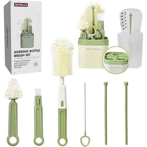 Baby Bottle Brush Set-Travel Essential-6 in 1 Portable Travel Bottle Cleaner Kit with Silicone Brush, Drying Rack, Nipple Brush, Straw Brush, Bottle Mouth Brush, Storage Box for Home and Travel, Green