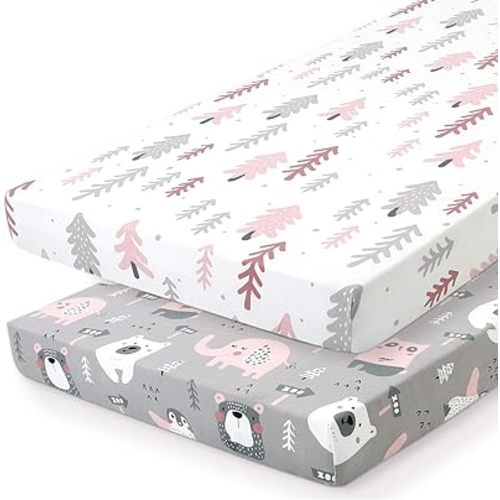 Pack n Play Sheets, BROLEX 2 Pack Mini Crib Sheets,Stretchy Portable Fitted Playard Sheet Set, Convertible Playard Mattress Cover,Ultra Soft Breathable Material,Jungle Animals