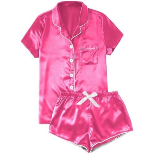 Silk Pajamas for Women Set Button down Short Sleeve Top Shorts 2 Piece Pjs Set Comfy Cute Summer Sleepwear Loungewear