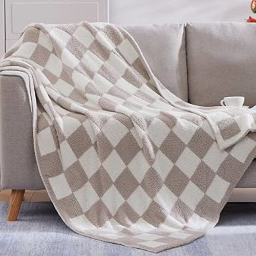 WRENSONGE Checkered Throw Blanket, Taupe Microfiber Soft Cozy Fluffy Warm Hand Made Throw Blankets for Couch, Sofa, Chair, Bed, Camping, Picnic, Travel Lightweight Bed Blanket - 50"*70"