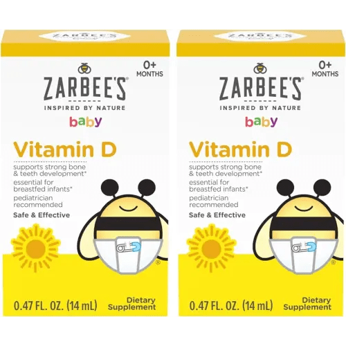 Zarbee's Vitamin D Drops for Infants, 400IU (10mcg) Baby & Toddler Liquid Supplement, Newborn & Up, Dropper Syringe Included, Pack of 2 0.47 Fl Oz Bottles