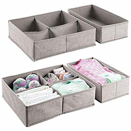 mDesign Soft Fabric Dresser Drawer and Closet Storage Organizer Set for Child/Kids Room, Nursery, Playroom - 4 Pieces, 10 Compartments - Textured Print with Solid Trim - Gray