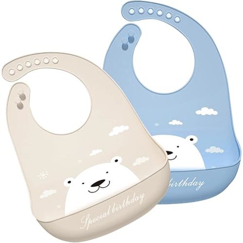 Silicone Bibs for Babies and Toddlers 2 Sets Feeding Bibs for Boy and Girl, Adjustable Soft Waterproof Bibs