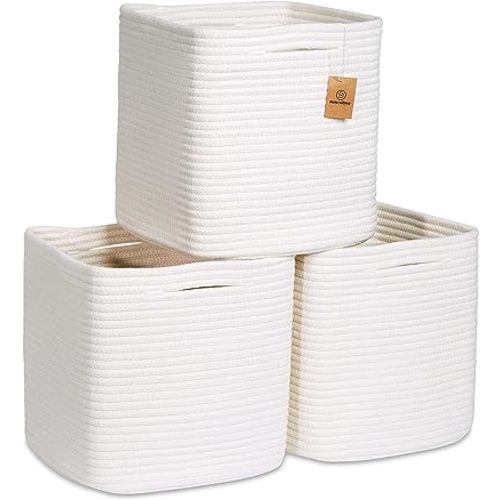 NaturalCozy Storage Cubes 11 Inch Cotton Rope Woven Baskets for Organizing, 3-Pack | Cube Storage Bin | Square Storage Baskets for Shelves Organizer, Classroom, Kids Toy Bins, Closet, Baby Nursery - Off White