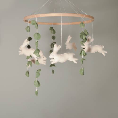 Bunny mobile nursery decor Eucalyptus nursery mobile Felt mobile Rabbit nursery Woodland mobile Baby shower gift Felt hanging mobile