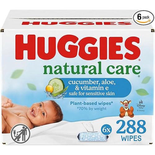 Huggies Natural Care Cucumber, Aloe and Vitamin E Baby Wipes, Hypoallergenic, Scented, 6 Flip-Top Packs (288 Wipes Total), Packaging May Vary