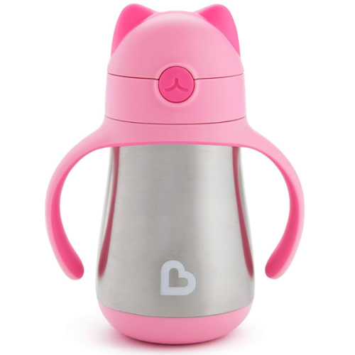 Munchkin Cool Cat Sippy Cup for Toddlers, Stainless Steel Straw Cup, 8 Ounce, Pink