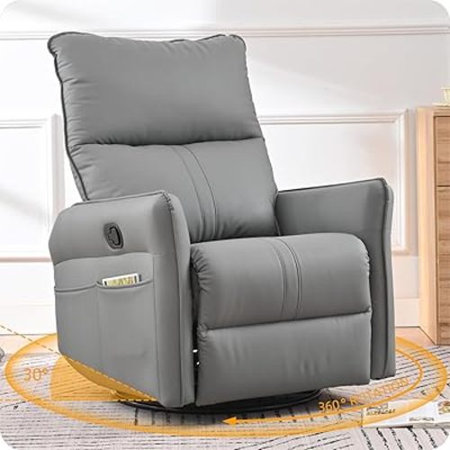 Swivel Rocker Recliner Chair, Upholstered 360° Fabric Leather Glider Rocker Chair for Adult, Manual Small Recliners for Small Spaces Living Room Weight Capacity 300lbs (Blue Grey)