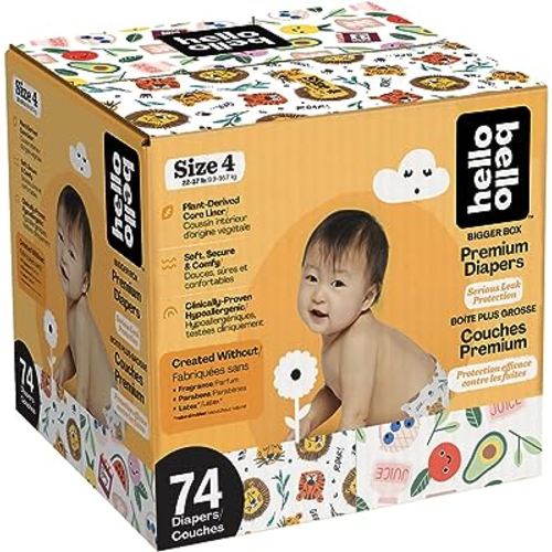 Hello Bello Diapers, Size 4 (22-37 lbs) - 74 Count of Premium Disposable Baby Diapers in Wildcats & Snacktime Designs - Hypoallergenic with Soft, Cloth-Like Feel