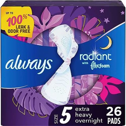 Always Radiant Feminine Pads for Women, Flexfoam Pads with Wings, Size 5, Extra Heavy Overnight Absorbency, Lightly Scented, 26 Count (Packaging May Vary)
