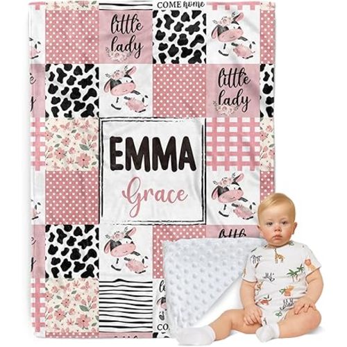 Custom Baby Blanket - Cow Elements with Custom Name - Soft Plush Flannel Throw Blankets with Double Layer Dotted Backing for Kids Boys Girls Gifts Color04