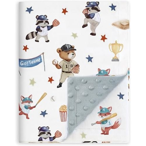 BORITAR Baby Blanket for Boys Girls, Soft Lightweight Minky Blanket with Double Layer Dotted Backing for Infant Toddler Nursery Crib with Cute Woodland Animal Baseball Design, 30 x 40 Inch