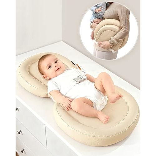 Baby Changing Pad with Waterproof & Wipe-Clean, Non-Slip Foldable PU Diaper Changing Pad, Adjustable Safety Belt, Changing Pad for Dresser, Changing Table,24"X16",Beige