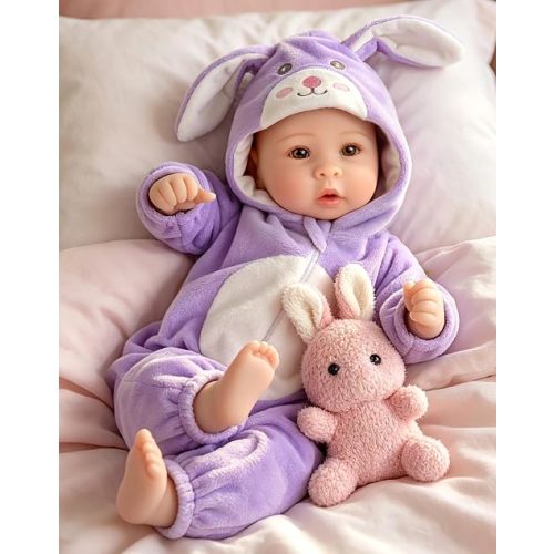 Aori Real Baby Dolls - 17 Inch Realistic Baby Doll with Soft Body & Purple Bunny Outfits for Girls 3+ Pretend Play, Dress Up, Nursery Decor