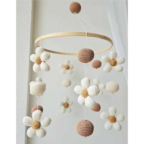 Neutral Tone Flower Baby Mobile – Gentle Handmade Decor for Nursery