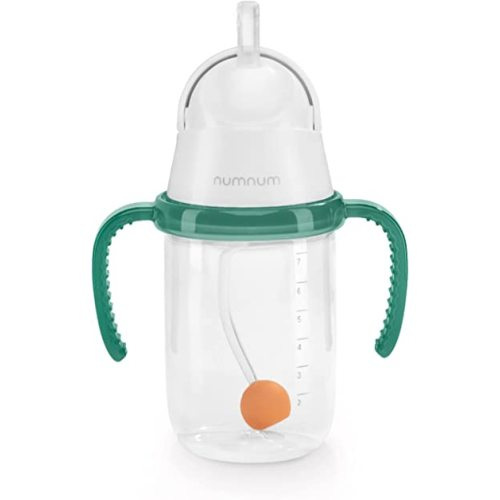 NumNum Weighted Straw Cup for Infant & Toddler 6-12 months - Expert Endorsed - 7oz Training Baby Cups w/Removable Handles - Easy to Use Self Feeding & Drinking Skills - Food-Grade Silicone (Green)