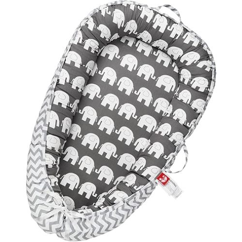Baby Lounger for Newborn Cover,Removable Slipcover Infant Nest-Breathable & Portable Adjustable Cotton Soft Baby Floor Seat - for TravelNewborn Essentials (White Elephant)