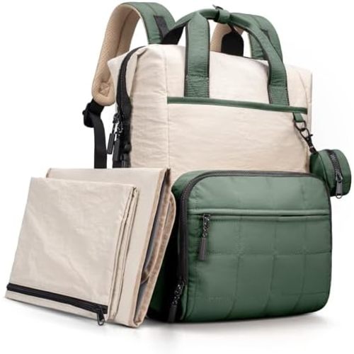 VONAL Diaper Bag Backpack, Lightweight Baby Diaper Bags, Travel Large Diaper Bag with Changing Station, Green Diaper Backpack for Boys Girls Newborn with Insulated Pockets, Stroller Straps