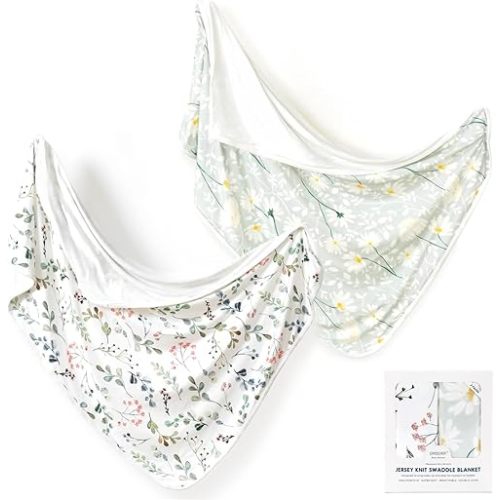 GRSSDER Baby Blankets 2 Pack Super Soft Jersey Knit Swaddle Blankets for Baby Girls and Boys, Double Layer Receiving Blankets 34 x 44 Extra Large for Swaddling, Leaves & Daisy
