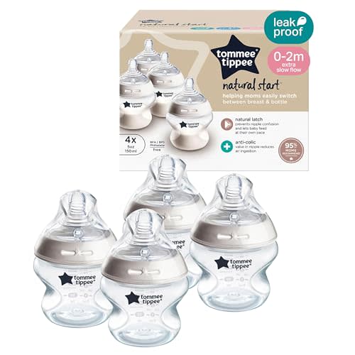 Tommee Tippee Natural Start Baby Bottles, Anti-Colic, 0m+, 5oz | Pack of 4, Slow Flow Breast-Like Nipple, Self-Sterilizing, Seamless Bottle-to-Breast Transition, BPA Free