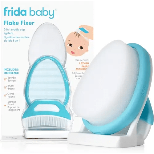 Frida Baby DermaFrida The FlakeFixer, éponge, brosse, peigne et support de rangement pour bébés avec capuchon de berceau, blanc/bleu