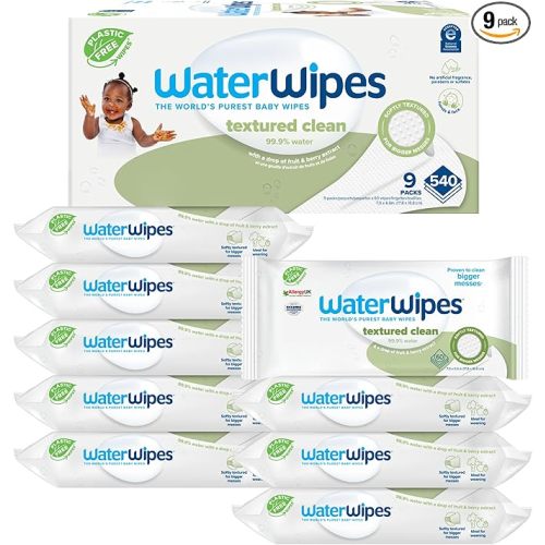 WaterWipes Plastic-Free Textured Clean, Toddler & Baby Wipes, 99.9% Water Based Wipes, Unscented & Hypoallergenic for Sensitive Skin, 540 Count (9 packs), Packaging May Vary
