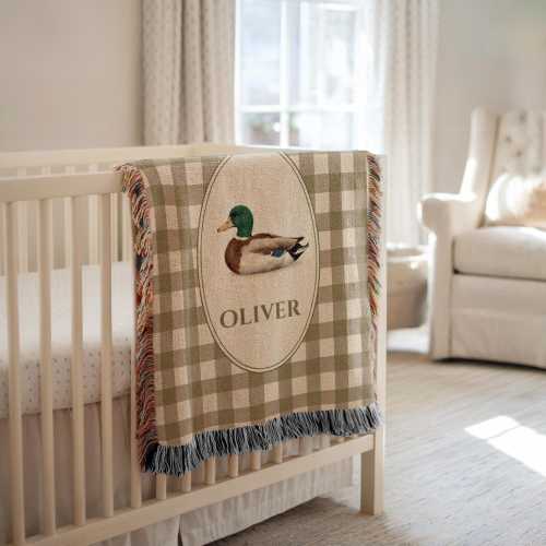 Personalized Mallard Duck Woven Blanket, Custom Baby Name Blanket
