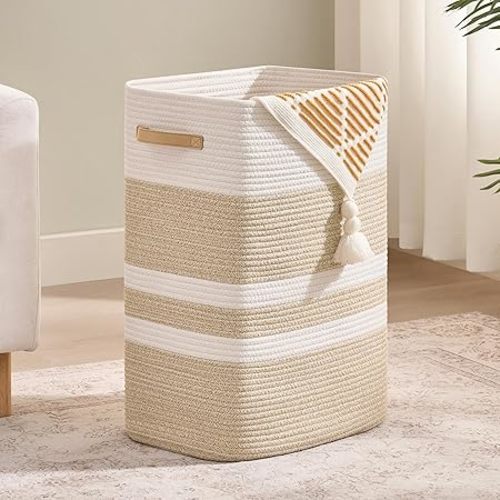 Laundry Hamper,Laundry Basket with Leather Handles,Woven Storage Basket for Toys,Pillows,Blankets,Clothes,Brown&White