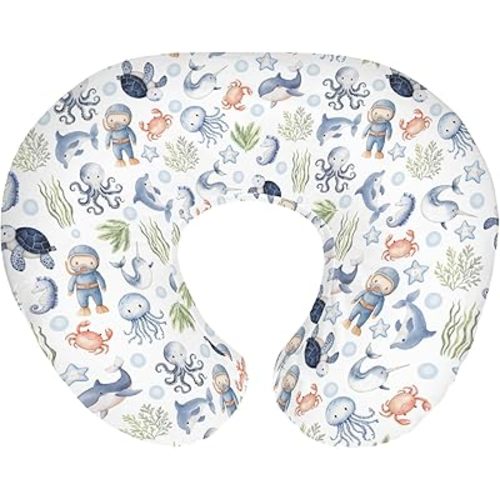 Sea Animal Baby Nursing Pillow Cover for Boy Girl Diver Turtle Jellyfish Whale Sea Weeds Starfish Nursing Slipcover for Breastfeeding Pillows Cute Ocean Animals Soft Stretchy Cover for Newborn Infant