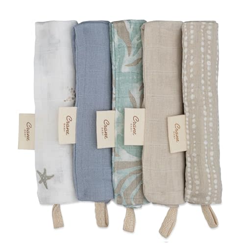 Crane Baby Wash Cloth Set, 100% Cotton Baby Washcloths, Set of 5 Baby Washcloths, Sea Life Starfish Theme, Baby Washcloths for Newborn, Muslin Baby Washcloths, Newborn Baby Gift, Baby Registry Gift