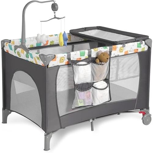 Pack and Play with Changing Table | Foldable Travel Crib & Baby Playpen | JPMA Certified Safe Design | Breathable Mesh & Washable | Carry Bag Included(C-Cartoon)