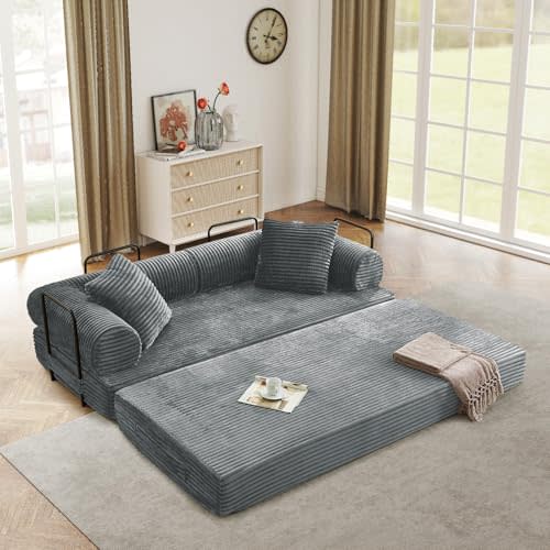 Modular Couch Bed, Convertible Folding Plush Corduroy Comfy Floor Memory Foam Compression Loveseat Sleeper Sofa Couch, King Size Bed for Guest Room Living Room Bedroom, No Assembly Required, Grey