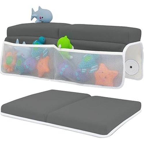 Baby Bath Kneeler and Elbow Rest Pad Set - Baby Bath Support for Knees and Elbows - Bath Kneeler Pad with Memory Foam and Bath Toy Organizer - Bath Kneeling Pad for Bathing Baby - Dark Grey