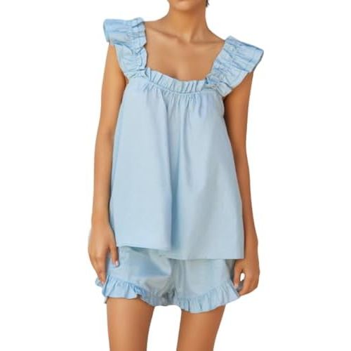 Womens Summer Pajama Sets 2 Piece Outfits Ruffle Trim Top and Shorts Cotton Loungewear Set