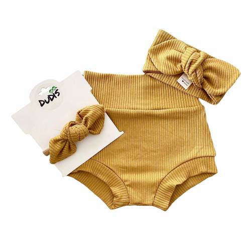 Mustard Rib Bummies and Top Knot Headband Set, Baby Girl Cute Outfit, Diaper Cover, Toddler High Waisted Shorts, Thanksgiving Easter Outfit