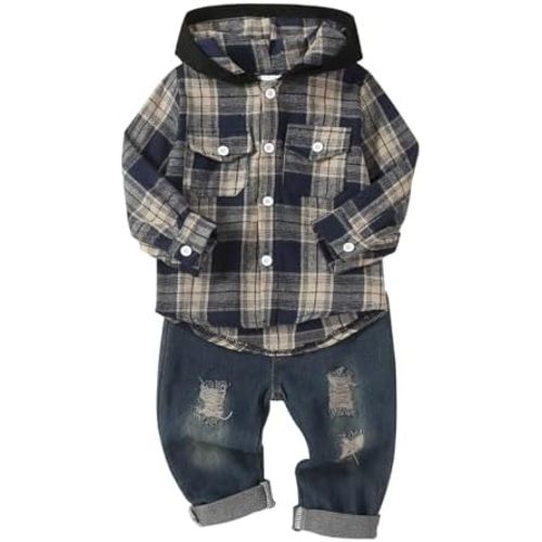 ODIMAME 18 Months Boy Clothes Toddler Boy Fall Outfits Winter Long Sleeve Plaid Hooded Sweatshirt Pocket Ripped Holes Jeans Clothing Set Khaki 12-18 Months