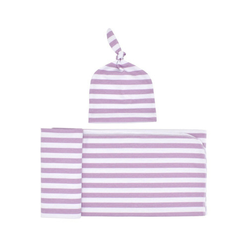 Boy Girl Stretchy Stripes Soft Receiving Swaddling Blankets Wrap Swaddles Hat Set Purple One Size One Size