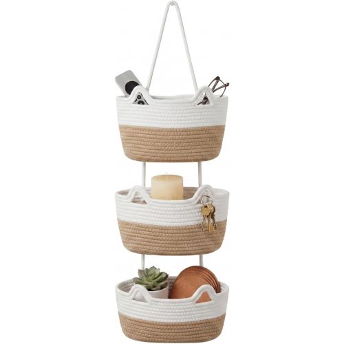 Hanging Wall Basket, Over the Door Hanging Basket with Hooks, Decorative Hanging Basket for Wall, Door, Nursery, Living Room, Bathroom, Cat-Like Design for Boho Decor, White & Jute
