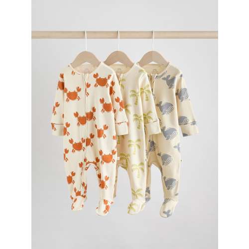 Multi Two Way Zip Baby Sleepsuits 3 Pack (3mths-6mths)