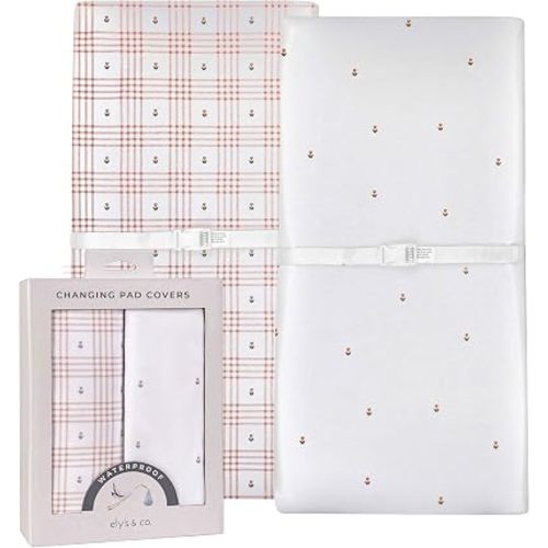 Ely's & Co. Waterproof Changing Pad Covers 2 Pack Baby Girl 100% Cotton 34 x 17 Pink Floral Plaid Soft Jersey Knit with Waterproof Lining Fits Changing Pad Cradle Bassinet and Co Sleeper Mattress