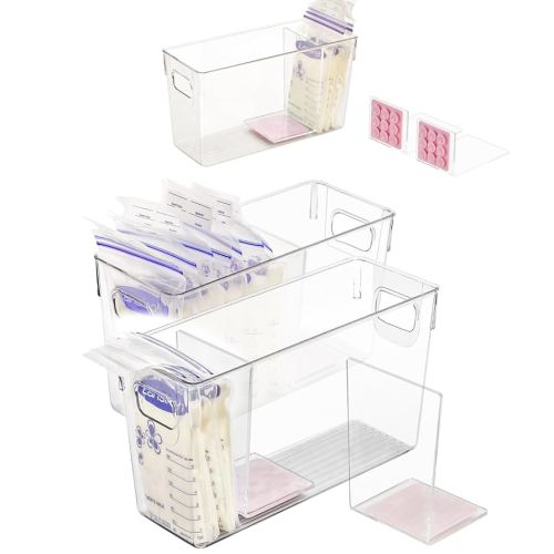 Breastmilk Storage Container with L Shaped Separator Boards, Dividers Will Flatten Standing Breast Milk Bags in Organizer Bins to Save Refrigerator Space | 2 Containers Plus 4 Pink Boards in Total.